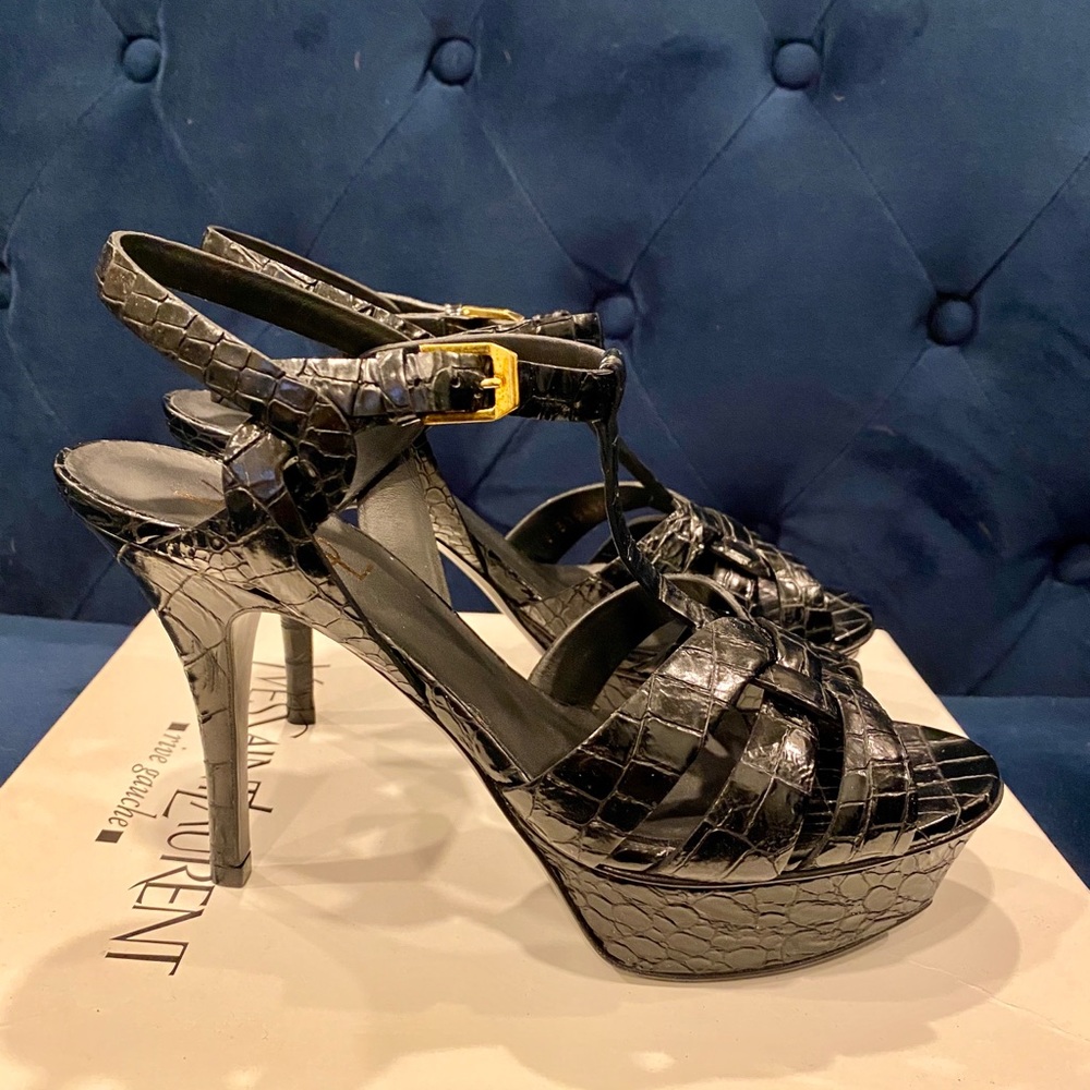 YSL Tribute T-Strap Platform Sandal.Patent Leather